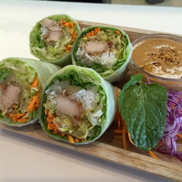 2 Piece Salad Rolls · Lettuce, rice noodles, pickled carrots and bean sprouts wrapped in rice paper served with a peanut dipping sauce. Contains nuts.