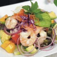 🌶 Shrimp Avocado mango Salads  · Steamed shrimp tossed with spicy lime juice, onion, tomatoes, avocado and mango topped with ...