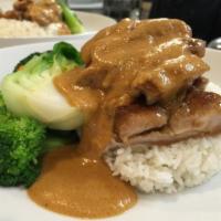 Chicken Satay Rice · Served with grilled marinated chicken. Served on steamed broccoli, carrots, and bok choy. To...