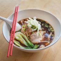 Duck Noodles · Egg noodles with roasted duck, bean sprouts, onion, cilantro and bok choy in soup.