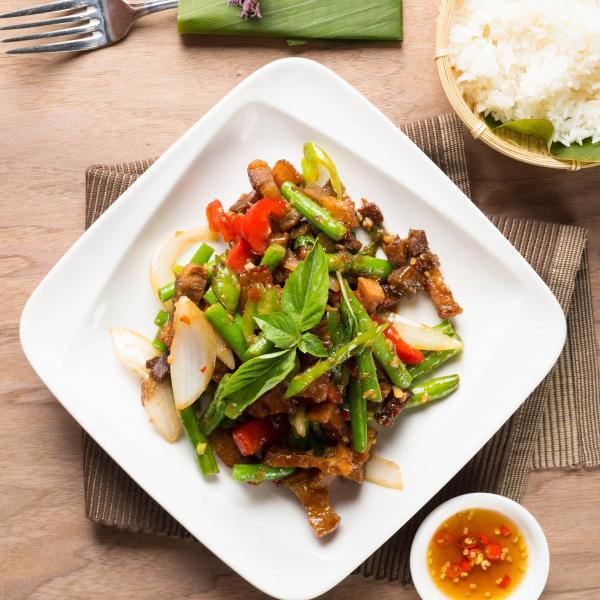 Spicy Pork Belly · Stir fried with onion, bell peppers and spicy basil sauce.