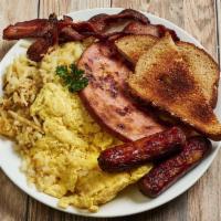 All-American Breakfast · 2 eggs any style, 2 strips of bacon, 2 sausage links, a ham steak and your choice of potatoe...