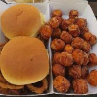 Pick 2 Mini Burgers Combo · Fresh, never frozen Angus beef cooked to medium temperature. Includes choice of side and dri...