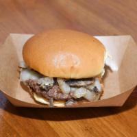 Philly Mini Burger · Grilled onions and mushrooms, aged provolone and red pepper aioli. Cooked medium.