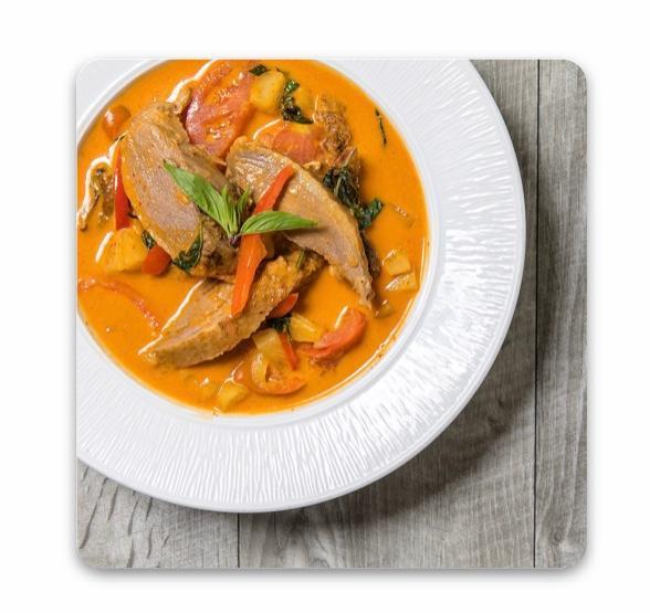 Roasted Duck in Red Curry · Tomato, pineapple, peppers and basil. Served with jasmine rice.