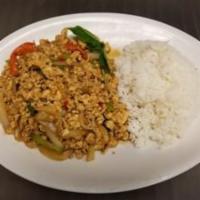 Kra Pao · Ground chicken stir fried with basil, bell pepper, onions and hot spicy sauce.