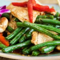 THAI GREEN BEAN · Stir Fried green beans. red bell peppers, garlic and a hint of Thai basil in a roasted chili...