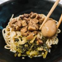 N4. Diced Braised Pork Belly Noodle · w/ Braised Egg, Picked Mustard Green. 滷肉乾麵