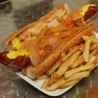 Foot Long Polish · Deep fried on french bread with mustard and grilled onion. Includes french fries.