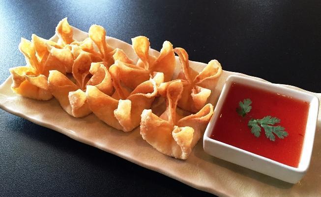 8 Crab Rangoon · Imitation crabmeat blended with cream cheese and yellow onion wrapped in thin wonton skin served with sweet and sour sauce.