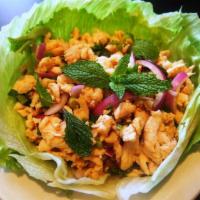 Larb Gai Salad · Ground chicken with red onions, green onion, ground chili pepper in lime and chili juice on ...