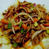 Beef Salad · Grilled sliced beef with red onions, ground chili pepper, green onion with house beef salad ...