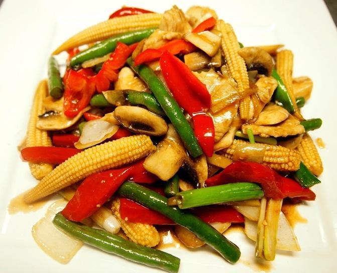 Ginger · Fresh ginger, white mushroom, baby corn, green bean, red bell pepper, yellow onion and green onion. Served with jasmine rice.
