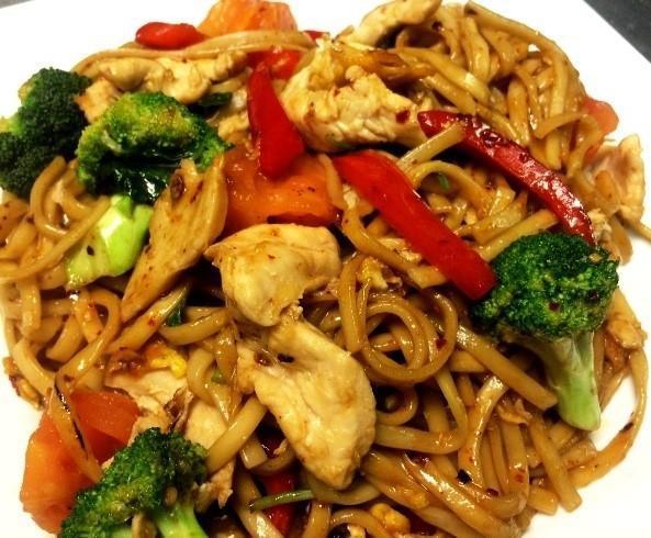 Pad Basil Noodle · Lo mein noodle stir-fried with egg, red bell pepper, broccoli, tomatoes, and sweet basil leaves.