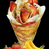 3. Strawberry Banana Crepe · Sliced strawberries, sliced bananas, custard cream, whipped yogurt, chocolate pearls, crushe...