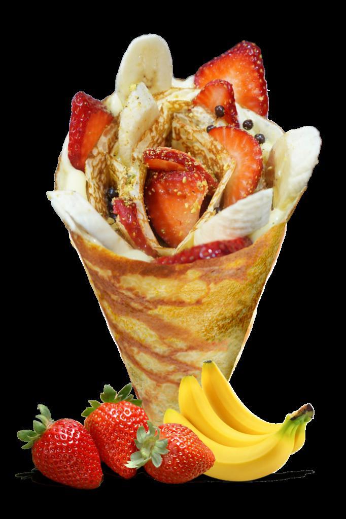 3. Strawberry Banana Crepe · Sliced strawberries, sliced bananas, custard cream, whipped yogurt, chocolate pearls, crushed pistachio.