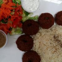 #16 Falafel Plate · Falafels with house salad and choice of rice or hummus.