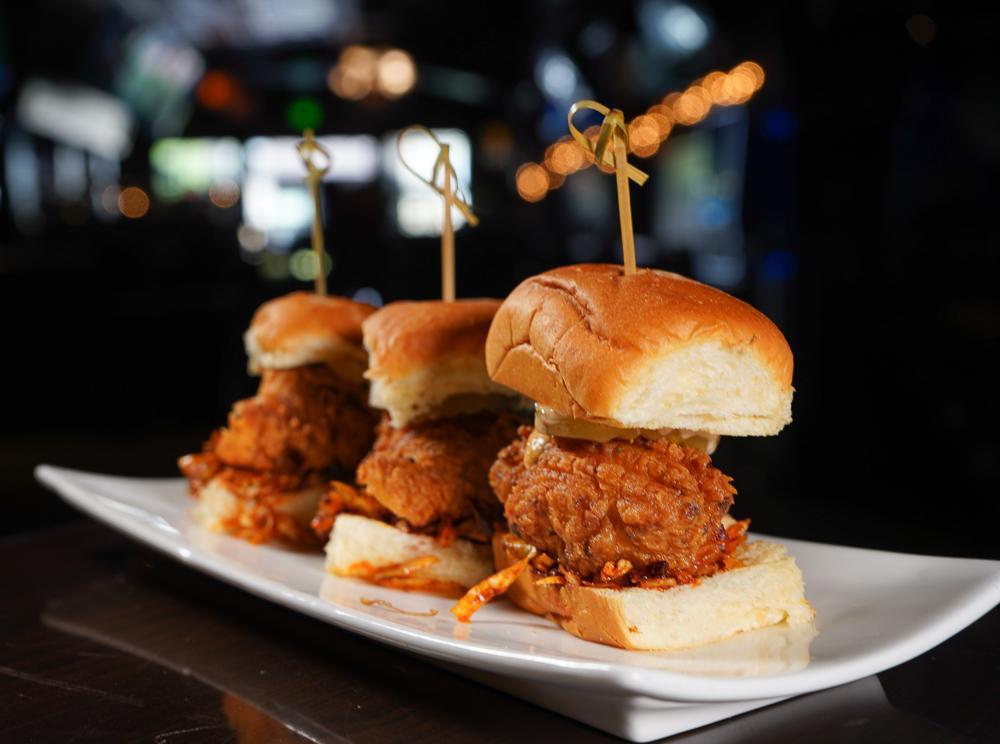 Spicy Chicken Sliders · Fried chicken breast, tapatio lime aioli, spicy slaw, king’s hawaiian roll	