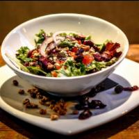 Mixed Greens Salad · Red onions, tomatoes, blue cheese crumbles, candied walnuts, dried cranberries and balsamic ...