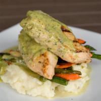 Pesto Chicken · Grilled Chicken breast, locally farmed sauteed vegetables and mashed potatoes with a house m...