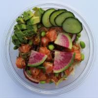 Yuzu Salmon Bowl [Sesame] · Signature dish. Salmon, onions, yuzu ponzu sauce, surimi crab, seaweed salad, cucumber, edam...