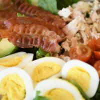 Cobb Salad, Serves 1-2 · Crisp romaine, fresh avocado, grilled chicken breast, smoked bacon, egg, baby heirloom tomat...