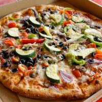 California Veggie Pizza · Housemade marinara sauce, mozzarella, baby heirloom tomatoes, red onions, fresh bell peppers...