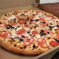Greek Pizza · Feta cheese, mozzarella, red onions, Greek olives, roma tomatoes and fresh oregano.