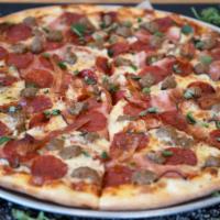ZCarnivore Pizza · Housemade marinara, mozzarella, all natural pepperoni, smoked ham, fennel sausage, smoked ba...