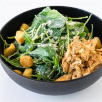 Baby Kale Chicken Caesar Salad · Organic baby kale with Caesar dressing Parmesan cheese, crouton, anchovies with baked marina...