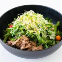 Italiano Style Steak Salad · Wild arugula, pesto dressing, cherry tomato, onion, Parmesan cheese, alfalfa sprout, pine nu...