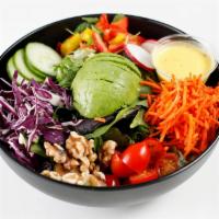 Rainbow Salad · Organic spring mix, arugula, orange dressin*g vinaigrette, red cabbage, cucumber, carrots, r...