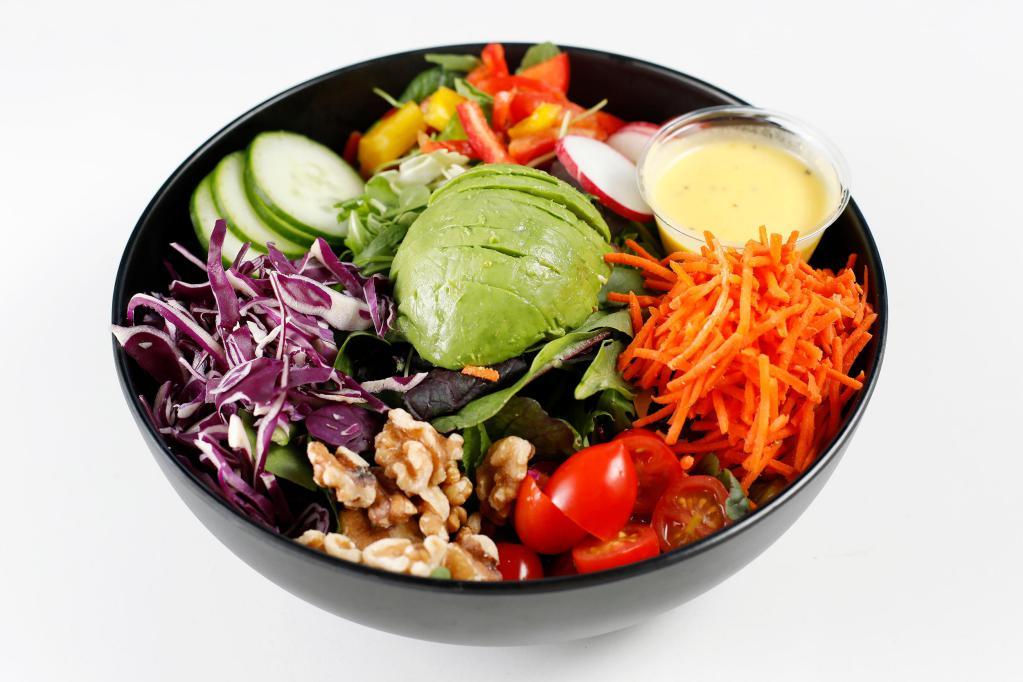 Rainbow Salad · Organic spring mix, arugula, orange dressin*g vinaigrette, red cabbage, cucumber, carrots, radish, bell pepper, cherry tomatoes, walnuts.