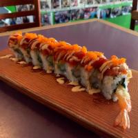 Dragon Fire Roll · Tempura roll topped with spicy tuna and masago. Served with spicy mayo and unagi sauce.