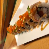 Summertime Roll · Ebi shrimp and spicy tuna roll. Topped with hamachi, salmon, masago and jalapeno slices. Ser...