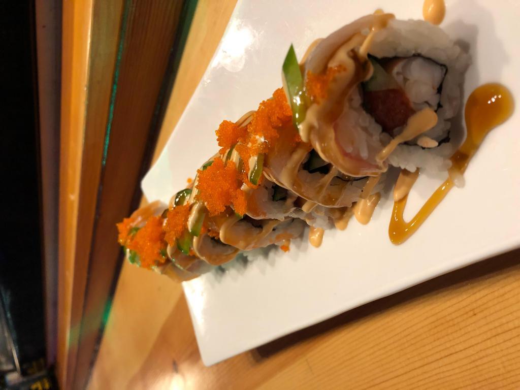 Summertime Roll · Ebi shrimp and spicy tuna roll. Topped with hamachi, salmon, masago and jalapeno slices. Served with spicy mayo and unagi sauce. Spicy.