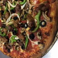 Brick's Supreme Pizza · Pepperoni, green peppers, Italian sausage, black olives, ground beef, onions and mushrooms. 