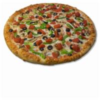Garden Veggie Pizza · Tomatoes, green peppers, mushrooms, black olives and onions. 