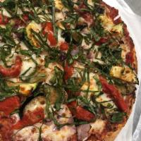 Grilled Vegetables Pizza · Grilled eggplant, zucchini, bell peppers red onions with roasted garlic, fresh basil and Rom...