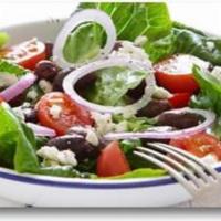 Mediterranean Salad · Romaine lettuce, Kalamata olives, cucumbers, tomatoes, red onions and Feta cheese.