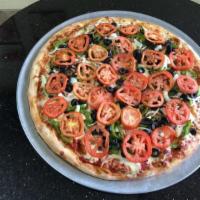 Very Very Veggie Pizza · Mozzarella cheese, mushrooms, green peppers, onions, black olives and fresh tomatoes.