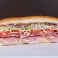 Italian Cold Cut Sub · Ham, salami, mortadella, Provolone cheese, lettuce, tomatoes and Italian dressing.