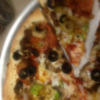 Supreme Pizza · Pizza sauce, cheese, pepperoni, mushroom, onions, green peppers, black and green olives, bee...