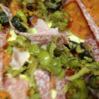 Muffaletta Pizza · Garlic sauce, pepperoni, ham, salami, olive salad and cheese.