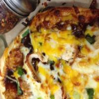 BBQ Chicken Pizza · BBQ sauce, chicken, green onions, mozzarella and cheddar cheese.