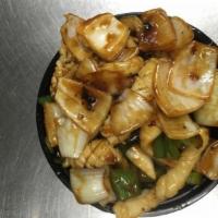 55. Fresh Squid Sauteed in Hot Black Bean Sauce · Hot and spicy.