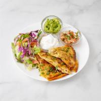 Chicken Quesadilla · Grilled marinated chicken breast with bell peppers, scallions, chipotle peppers and Mexican ...