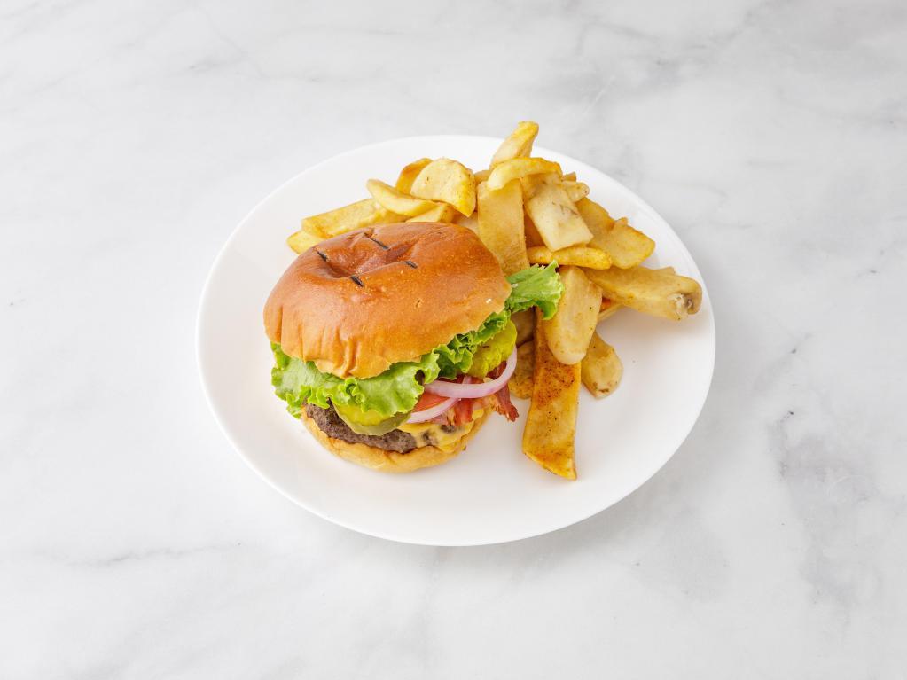 McLean Classic Burger · Crispy American bacon and melted American cheese. Served with lettuce, tomato, red onion, coleslaw and seasoned fries on a brioche bun.
