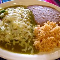 Verde Enchilada · Three enchiladas with seasoned chicken, topped with homemade salsa verde, melted Monterrey j...