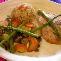 Grilled Salmon Plate · Grilled Salmon served with rice and vegetables